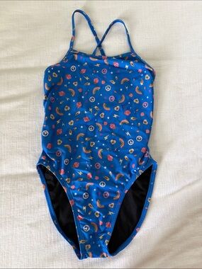 JOLYN Girls' Blue Rainbow & Peace Sign One-Piece Swimsuit size 26